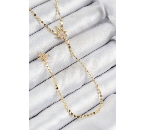Pirinç Zirkon Taşlı Ezme Zincirli Kutup Yıldızı Model Gold Renk Y Kolye