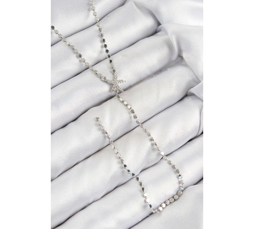 Pirinç Zirkon Taşlı Ezme Zincirli Deniz Yıldızı Model Gümüş Renk Y Kolye