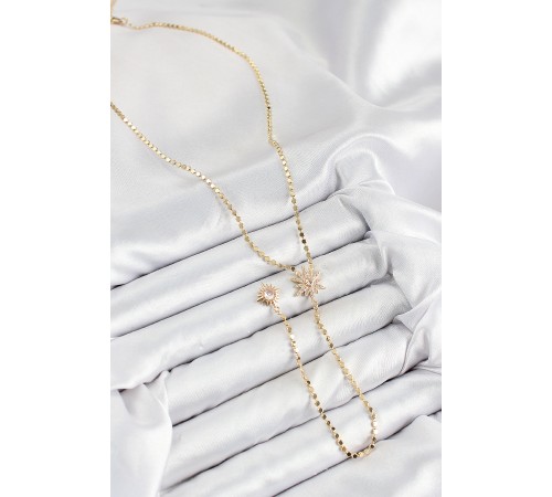 Pirinç Zirkon Taşlı Ezme Zincirli Kutup Yıldızı Model Gold Renk Y Kolye