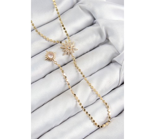 Pirinç Zirkon Taşlı Ezme Zincirli Kutup Yıldızı Model Gold Renk Y Kolye