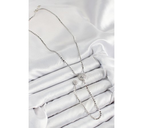 Pirinç Zirkon Taşlı Ezme Zincirli Madalyon Model Gümüş Renk Y Kolye