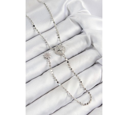 Pirinç Zirkon Taşlı Ezme Zincirli Madalyon Model Gümüş Renk Y Kolye