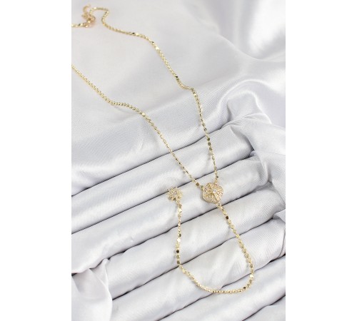 Pirinç Zirkon Taşlı Ezme Zincirli Madalyon Model Gold Renk Y Kolye