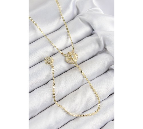 Pirinç Zirkon Taşlı Ezme Zincirli Madalyon Model Gold Renk Y Kolye