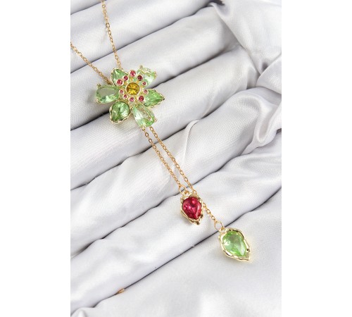 VIP Pirinç Zirkon Taşlı Çiçek Model Gold Renk Asansörlü Kadın Kolye