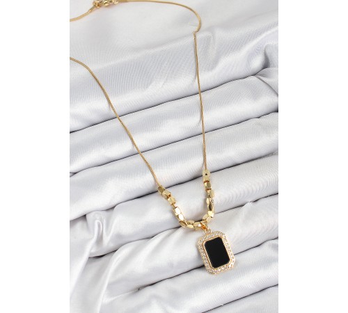 316L Çelik Zirkon Taşlı Siyah Baget Model Gold Renk Kadın Kolye