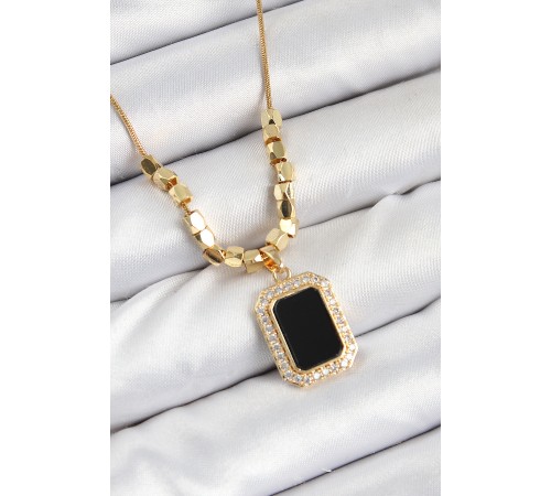 316L Çelik Zirkon Taşlı Siyah Baget Model Gold Renk Kadın Kolye