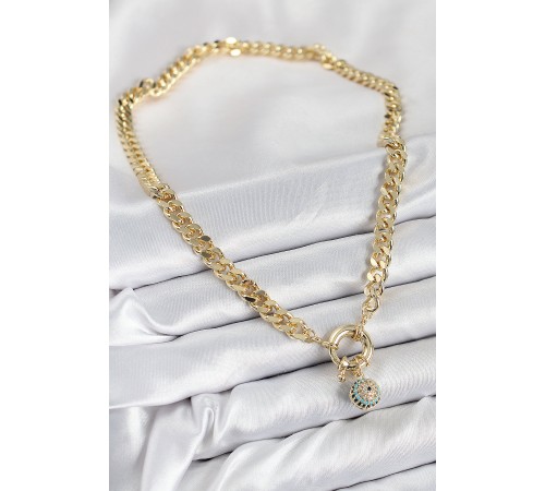 Pirinç Zirkon Taşlı Nazar Boncuk Detaylı Klasik Zincir Model Gold Renk Kadın Kolye