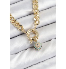 Pirinç Zirkon Taşlı Nazar Boncuk Detaylı Klasik Zincir Model Gold Renk Kadın Kolye