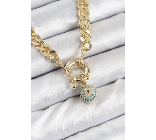 Pirinç Zirkon Taşlı Nazar Boncuk Detaylı Klasik Zincir Model Gold Renk Kadın Kolye