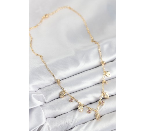 Pirinç Zirkon Taşlı Sallantılı Damla Model Gold Renk Kadın Kolye