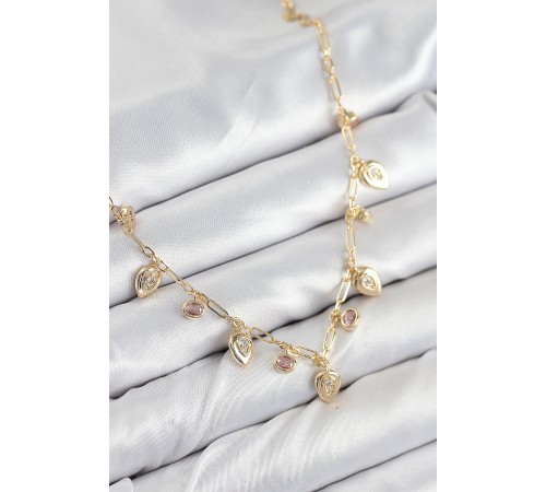 Pirinç Zirkon Taşlı Sallantılı Damla Model Gold Renk Kadın Kolye