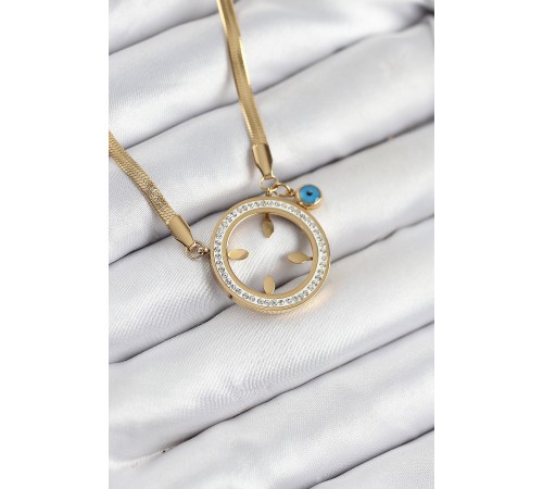 316L Çelik Zirkon Taşlı Çeyrek Takılabilir Gold Renk Kadın Kolye