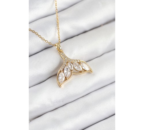 316L Çelik Zirkon Taşlı Balık Kuyruğu Model Gold Renk Kadın Kolye