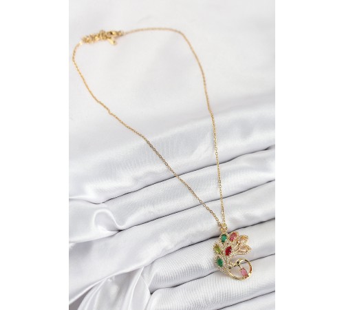 316L Çelik Zirkon Taşlı Tavus Kuşu Model Gold Renk Kadın Kolye