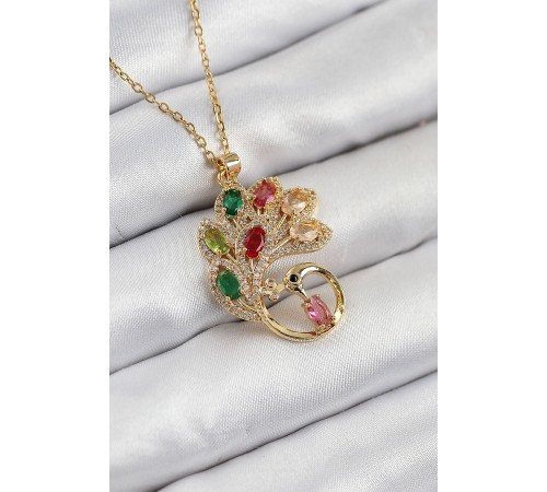 316L Çelik Zirkon Taşlı Tavus Kuşu Model Gold Renk Kadın Kolye