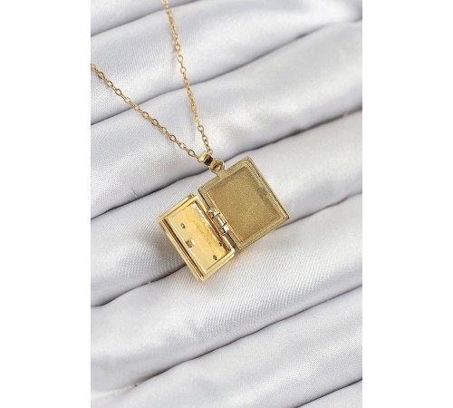 316L Çelik Zirkon Taşlı Açılabilr Kapaklı Kitap Model Gold Renk Kadın Kolye