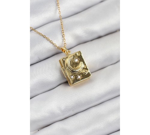 316L Çelik Zirkon Taşlı Açılabilr Kapaklı Kitap Model Gold Renk Kadın Kolye