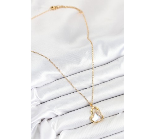 316L Çelik Zirkon Taşlı Kalp Model Gold Renk Kadın Kolye