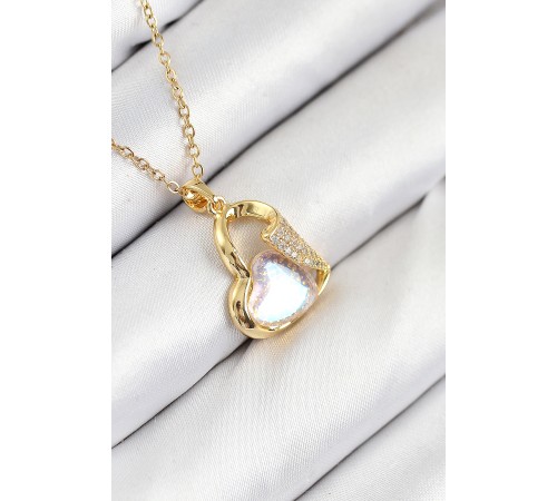 316L Çelik Zirkon Taşlı Kalp Model Gold Renk Kadın Kolye