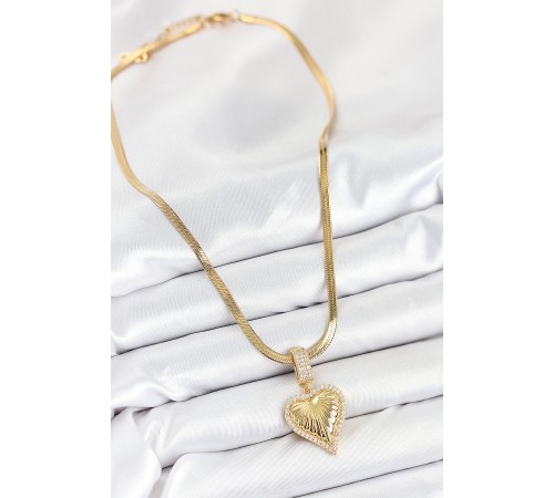 316L Çelik Zirkon Taşlı Kalp Model Gold Renk Kadın Kolye