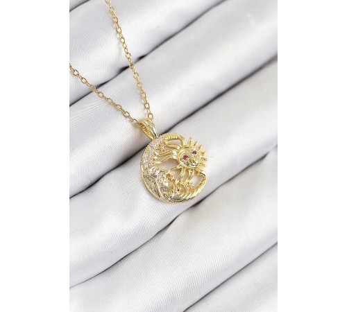 316L Çelik Zirkon Taşlı Ay Ve Güneş Model Gold Renk Kadın Kolye