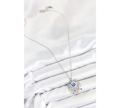 316L Çelik Zirkon Taşlı Nazar Model Gümüş Renk Kadın Kolye