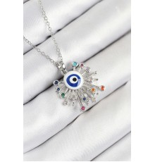 316L Çelik Zirkon Taşlı Nazar Model Gümüş Renk Kadın Kolye