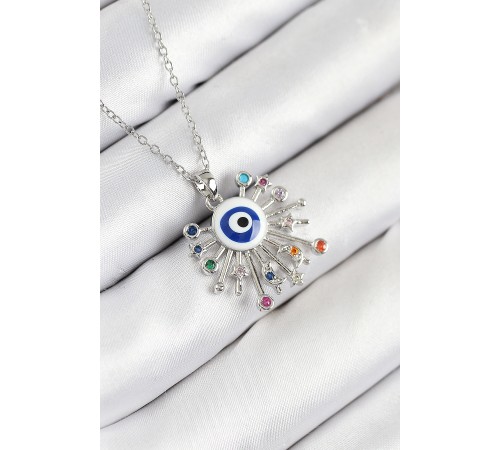 316L Çelik Zirkon Taşlı Nazar Model Gümüş Renk Kadın Kolye