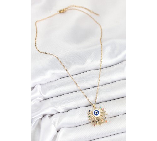 316L Çelik Zirkon Taşlı Nazar Model Gold Renk Kadın Kolye