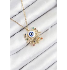 316L Çelik Zirkon Taşlı Nazar Model Gold Renk Kadın Kolye