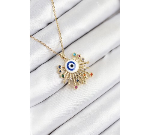 316L Çelik Zirkon Taşlı Nazar Model Gold Renk Kadın Kolye