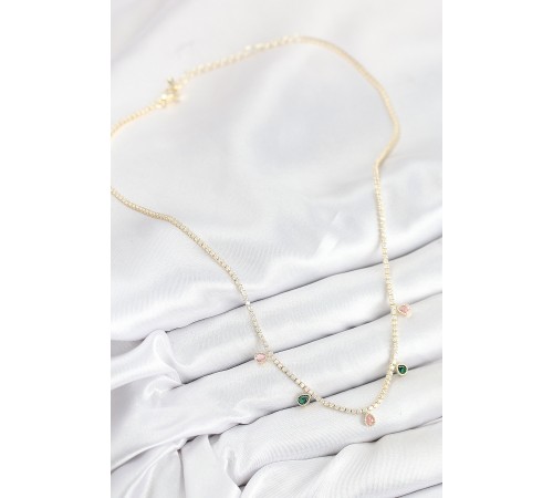 Pirinç Zirkon Taşlı Su Yolu Damla Model Gold Renk Kadın Kolye