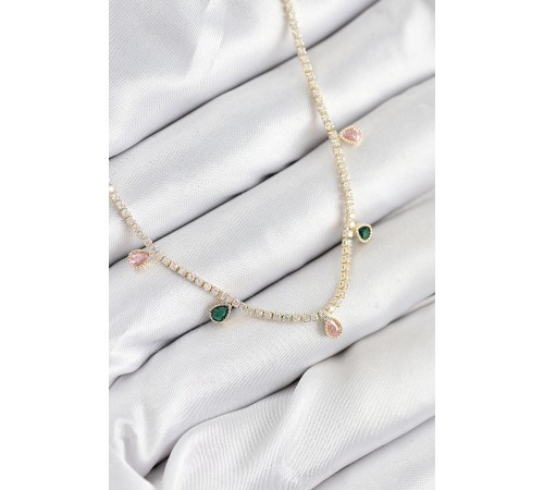 Pirinç Zirkon Taşlı Su Yolu Damla Model Gold Renk Kadın Kolye