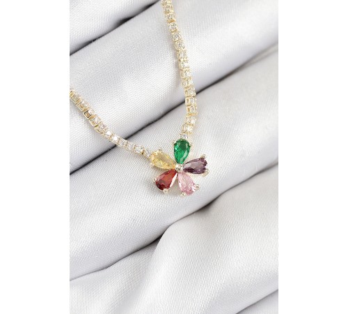 Pirinç Zirkon Taşlı Su Yolu Asorti Çiçek Model Gold Renk Kadın Kolye