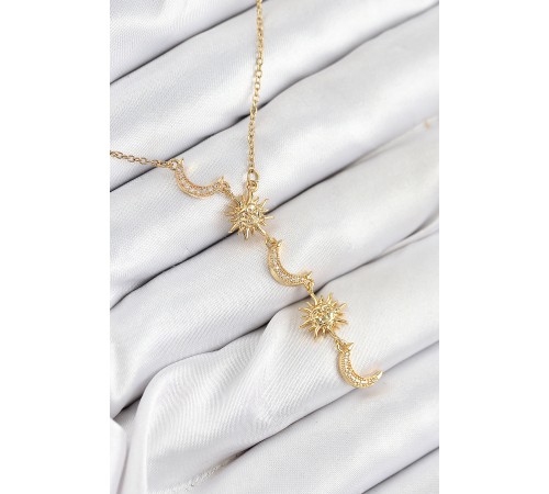 316L Çelik Zirkon Taşlı Güneş Ve Ay Model Gold Renk Kadın Kolye