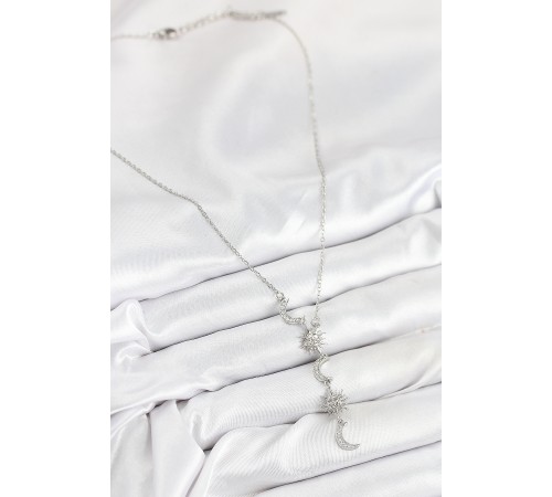 316L Çelik Zirkon Taşlı Güneş Ve Ay Model Gümüş Renk Kadın Kolye