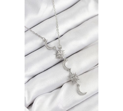 316L Çelik Zirkon Taşlı Güneş Ve Ay Model Gümüş Renk Kadın Kolye