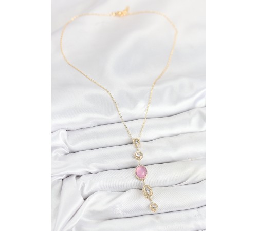 Pirinç Zincir Pembe Gold Renk Zirkon Taşlı Y Kolye