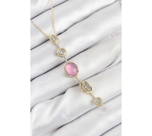 Pirinç Zincir Pembe Gold Renk Zirkon Taşlı Y Kolye