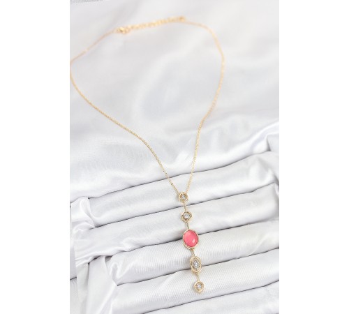 Pirinç Zincir Pembe Gold Renk Zirkon Taşlı Y Kolye
