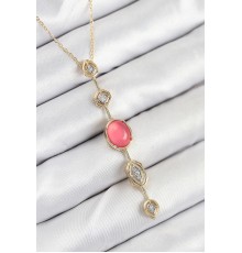 Pirinç Zincir Pembe Gold Renk Zirkon Taşlı Y Kolye