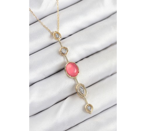 Pirinç Zincir Pembe Gold Renk Zirkon Taşlı Y Kolye