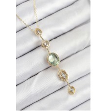 Pirinç Zincir Yeşil Gold Renk Zirkon Taşlı Y Kolye