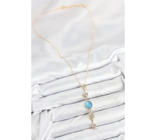 Pirinç Zincir Mavi Gold Renk Zirkon Taşlı Y Kolye