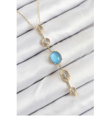 Pirinç Zincir Mavi Gold Renk Zirkon Taşlı Y Kolye