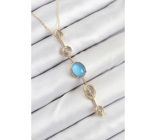 Pirinç Zincir Mavi Gold Renk Zirkon Taşlı Y Kolye