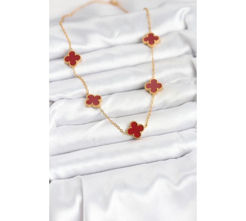 316L Çelik Gold Renk Zincir Bordo Yonca Kadın Kolye