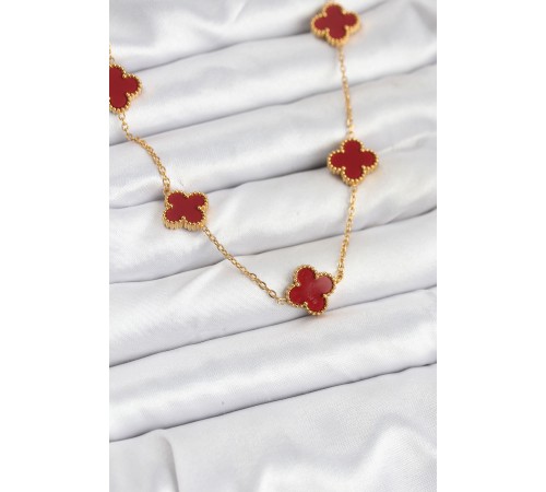 316L Çelik Gold Renk Zincir Bordo Yonca Kadın Kolye