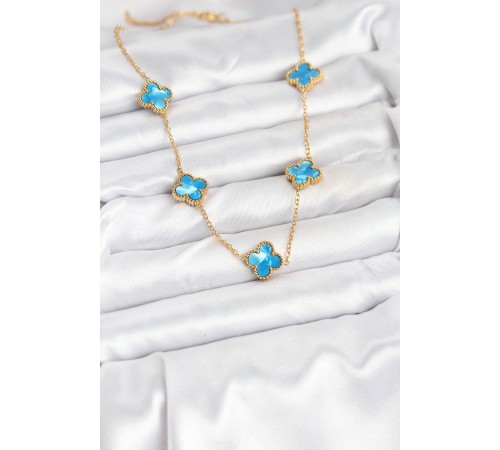 316L Çelik Zincir Gold Buz Mavisi Renk Yonca Kolye